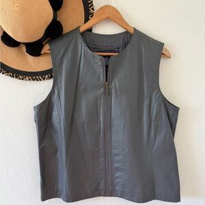 Vintage Preston & York Charcoal Gray Sleeveless Zip Genuine Leather Vest Size 14
